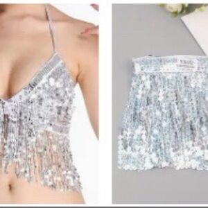 Silver Sequin Fringe Crop Top